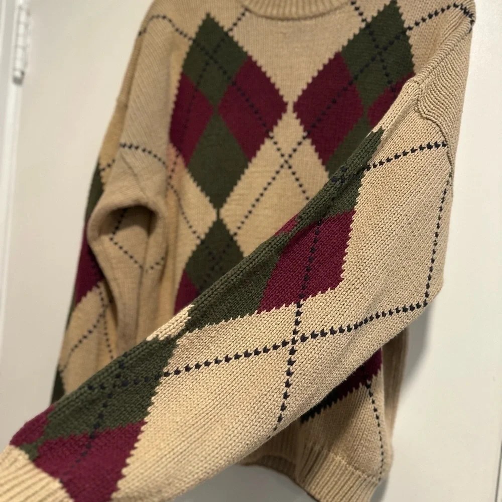 VTG 90s Harbour Classics Men’s Sz: L Tan Oversized Argyle Long Sleeve Sweater.